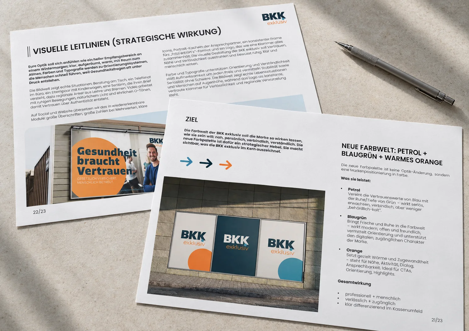 Beispielvisualisierung von Brand-Playbook-Innenseiten für BKK exklusiv, via KI bearbeitet